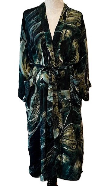 Luxurious Silk Long Kimono Duster, Marble Tie Dye