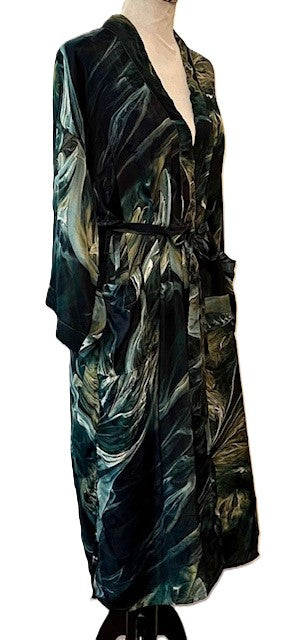 Luxurious Silk Long Kimono Duster, Marble Tie Dye