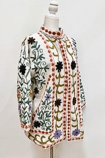 Short Box Cut Suzani Hand Embroidered Jacket Welcomes Spring (Cream)