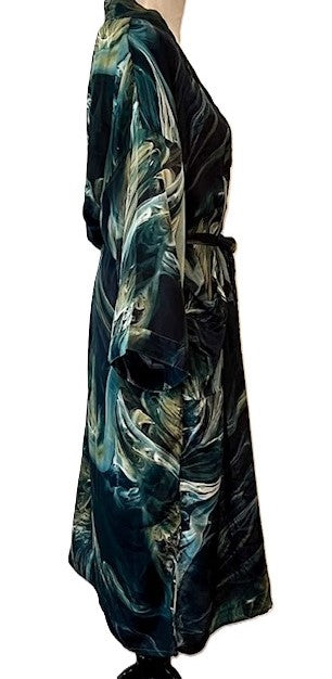 Luxurious Silk Long Kimono Duster, Marble Tie Dye