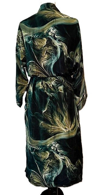 Luxurious Silk Long Kimono Duster, Marble Tie Dye