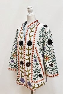 Short Box Cut Suzani Hand Embroidered Jacket Welcomes Spring (Cream)