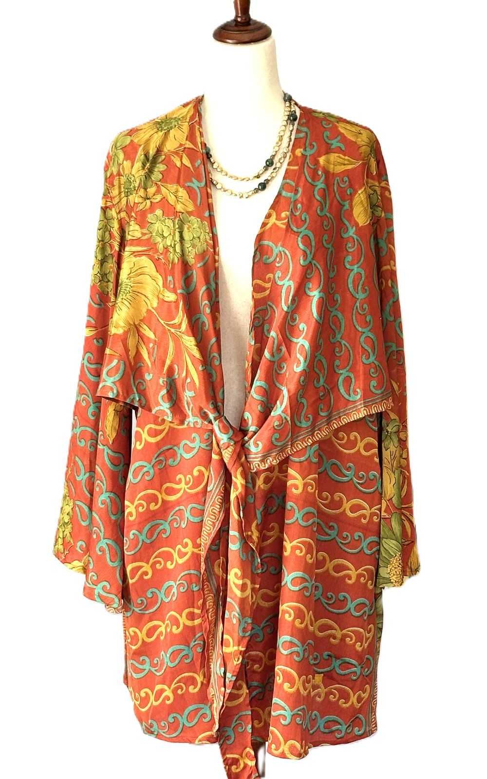 Kantha Bae Shortie Spellbound Kimono In Bold Crepe Sari Print. (Bronze)