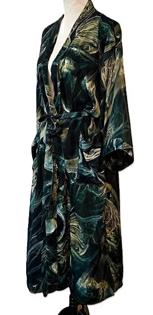 Luxurious Silk Long Kimono Duster, Marble Tie Dye