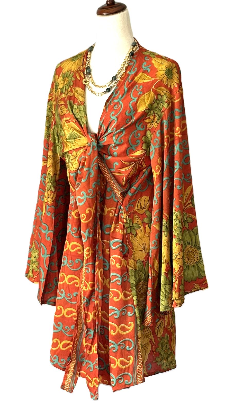 Kantha Bae Shortie Spellbound Kimono In Bold Crepe Sari Print. (Bronze)