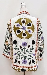 Short Box Cut Suzani Hand Embroidered Jacket Welcomes Spring (Cream)