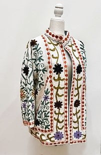 Short Box Cut Suzani Hand Embroidered Jacket Welcomes Spring (Cream)