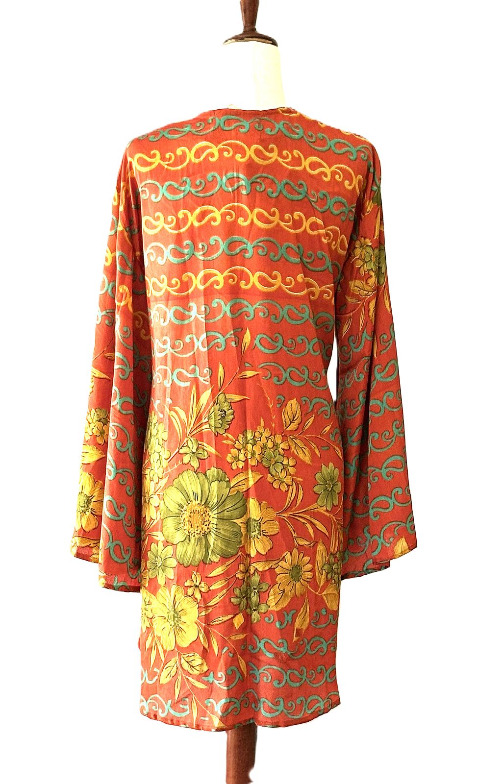 Kantha Bae Shortie Spellbound Kimono In Bold Crepe Sari Print. (Bronze)