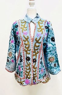 Short Box Cut Suzani Hand Embroidered Jacket Welcomes Spring (Blue)