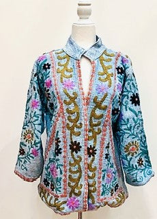 Short Box Cut Suzani Hand Embroidered Jacket Welcomes Spring (Blue)