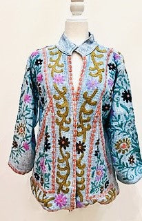 Short Box Cut Suzani Hand Embroidered Jacket Welcomes Spring (Blue)