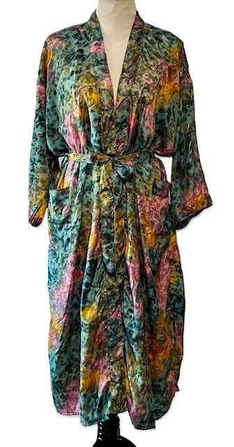 Luxurious Silk Long Kimono Duster, Turquoise Multi Tie Dye