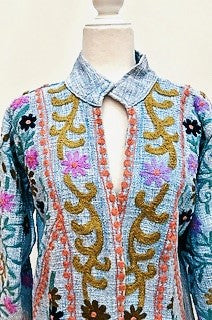 Short Box Cut Suzani Hand Embroidered Jacket Welcomes Spring (Blue)