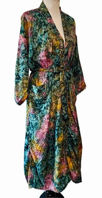 Luxurious Silk Long Kimono Duster, Turquoise Multi Tie Dye