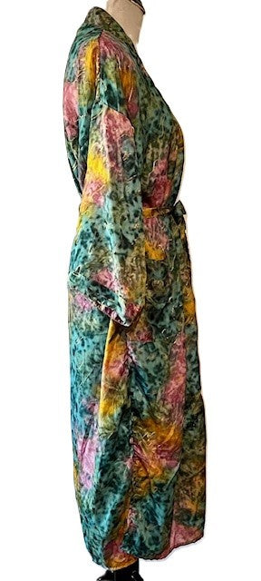 Luxurious Silk Long Kimono Duster, Turquoise Multi Tie Dye