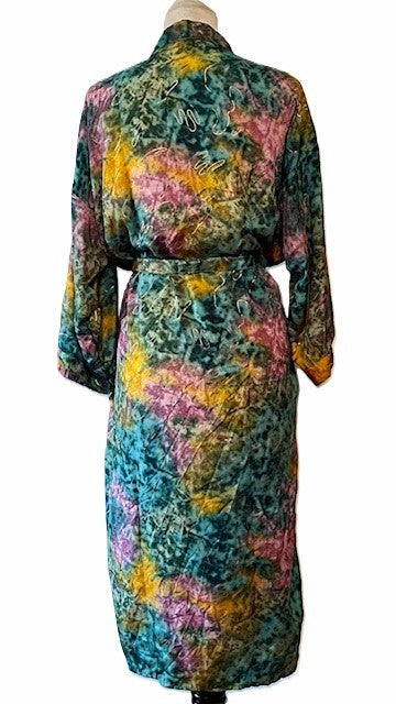 Luxurious Silk Long Kimono Duster, Turquoise Multi Tie Dye