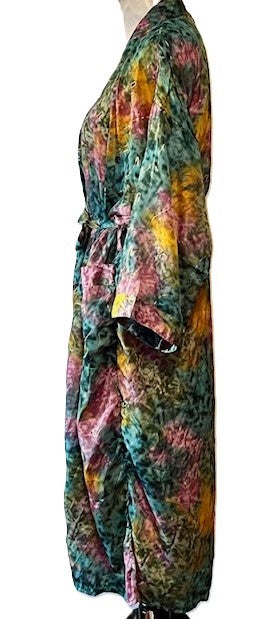 Luxurious Silk Long Kimono Duster, Turquoise Multi Tie Dye