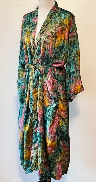 Luxurious Silk Long Kimono Duster, Turquoise Multi Tie Dye