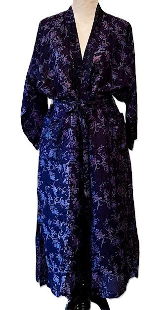 Luxurious Silk Long Kimono Duster, Blue Purple Florals