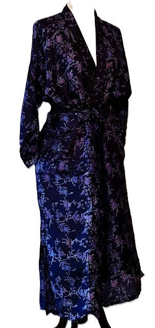 Luxurious Silk Long Kimono Duster, Blue Purple Florals