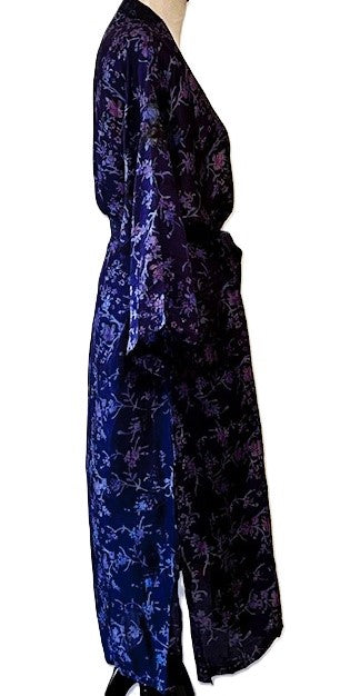 Luxurious Silk Long Kimono Duster, Blue Purple Florals