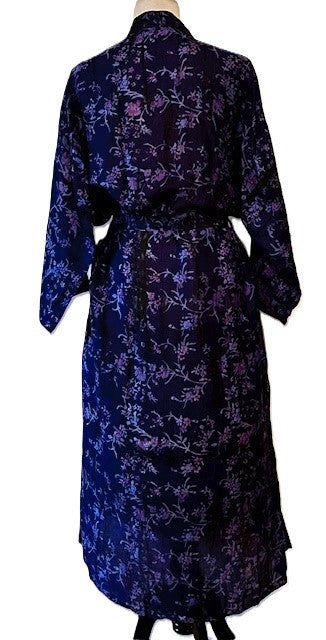 Luxurious Silk Long Kimono Duster, Blue Purple Florals