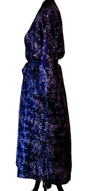 Luxurious Silk Long Kimono Duster, Blue Purple Florals