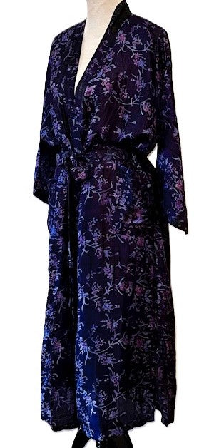 Luxurious Silk Long Kimono Duster, Blue Purple Florals