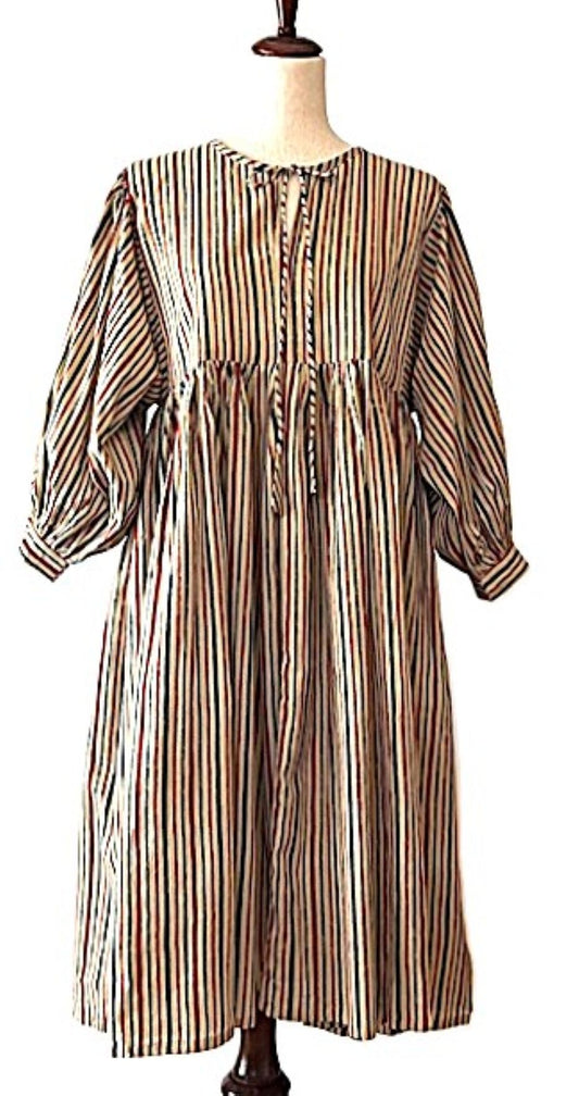 Dresses: Smart Striped Cotton Handblock Midi. Seasonless.