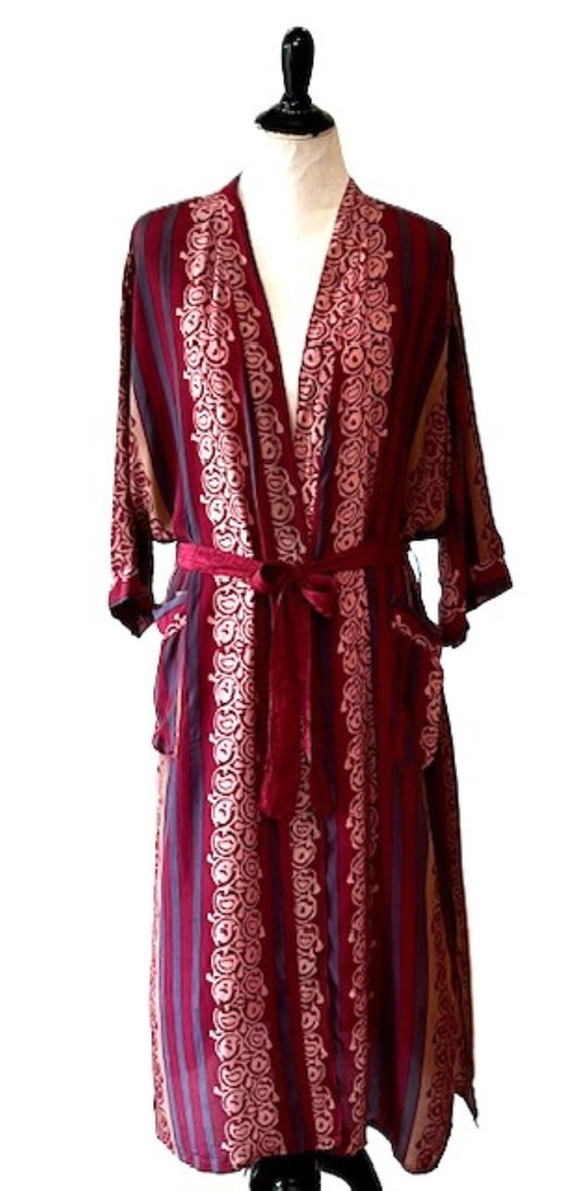 Luxury Silk Kimono Duster:  Cranberry Print