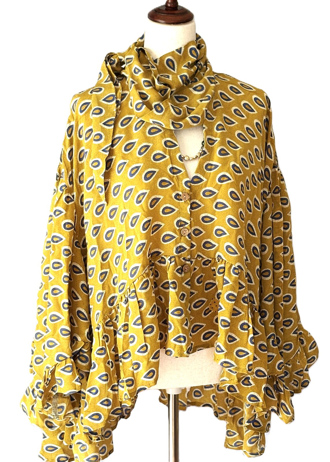 Kantha Bae Crepe Sari Ruffle Daisy Blouse. (Mustard)