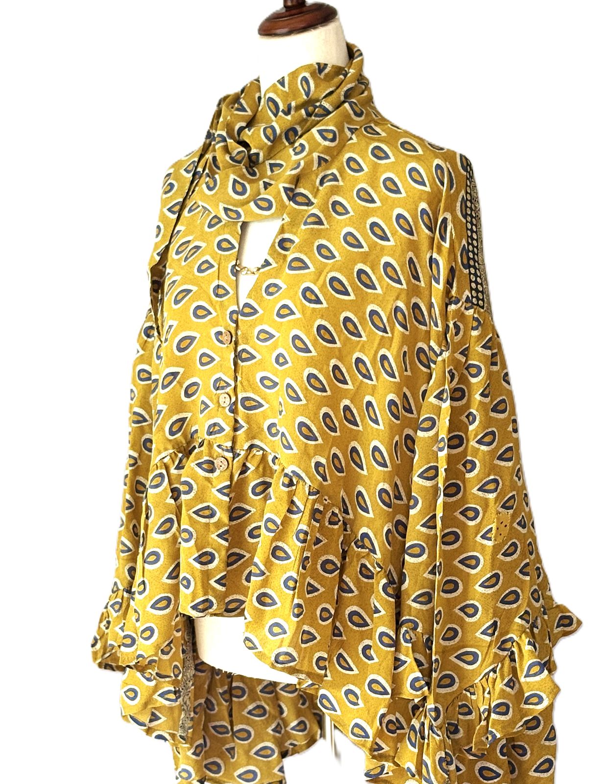 Kantha Bae Crepe Sari Ruffle Daisy Blouse. (Mustard)