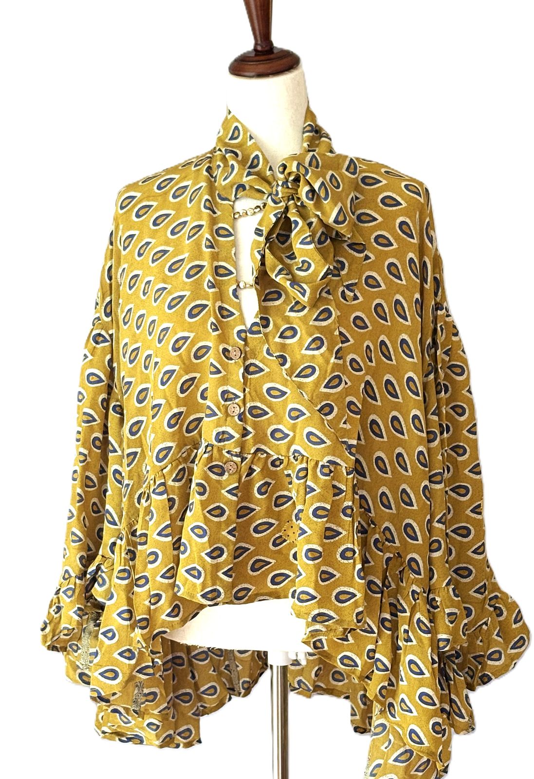 Kantha Bae Crepe Sari Ruffle Daisy Blouse. (Mustard)
