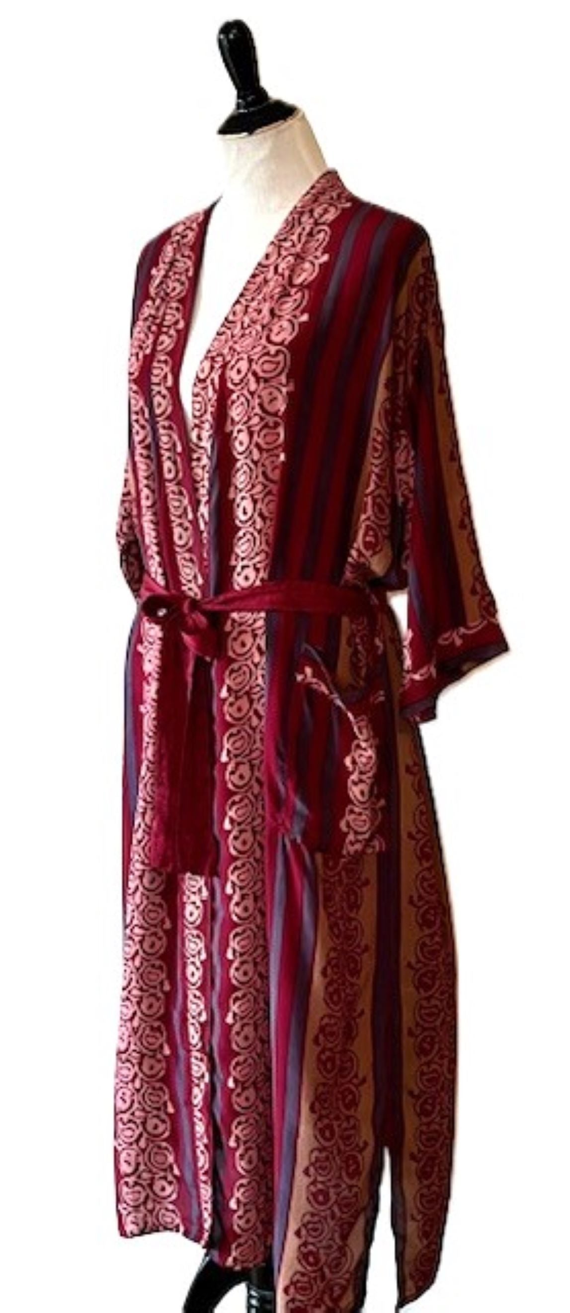 Luxury Silk Kimono Duster:  Cranberry Print