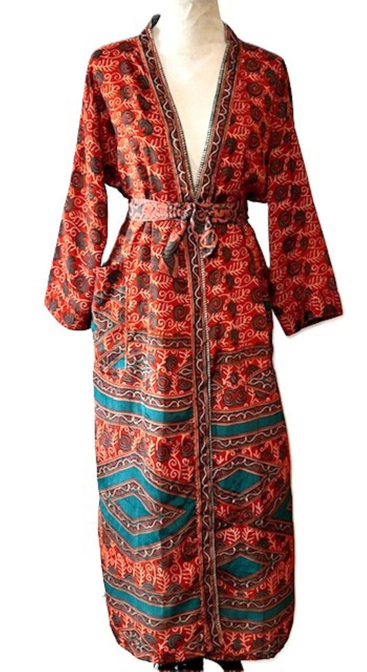 Top of the Line Silk Kimono Duster,  Rich Warm Print, Engineered Border