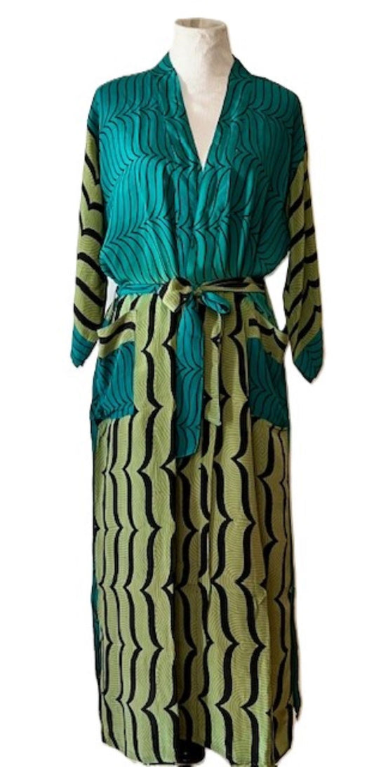 Luxury Silk Kimono Duster Dress: Smart Contrasting Prints