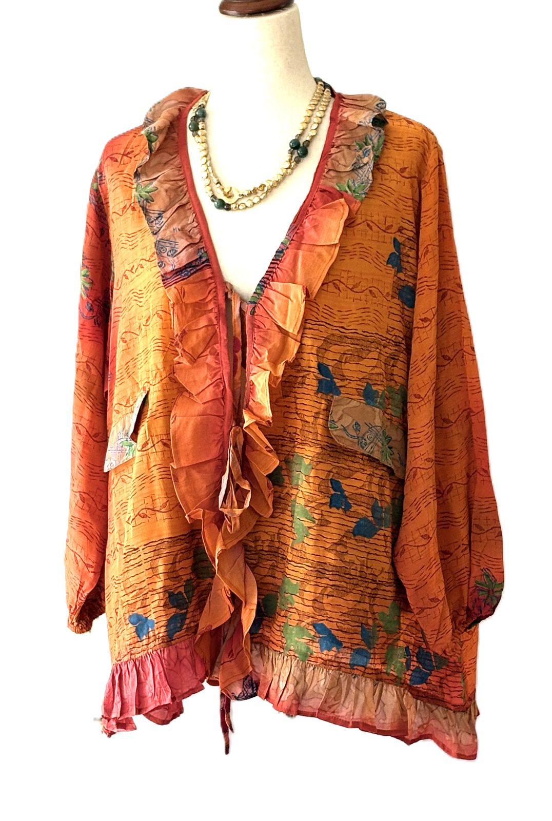 Kantha Bae Crepe Sari Ruffle Daisy Blouse (Tangerine)