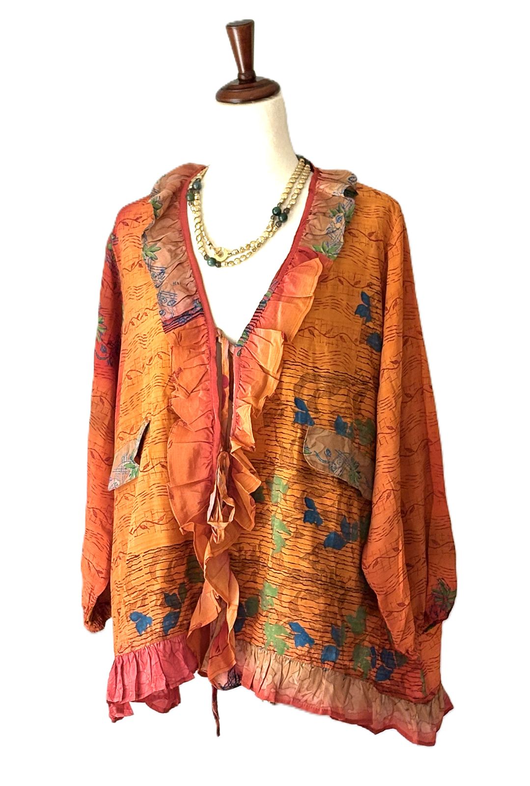 Kantha Bae Crepe Sari Ruffle Daisy Blouse (Tangerine)