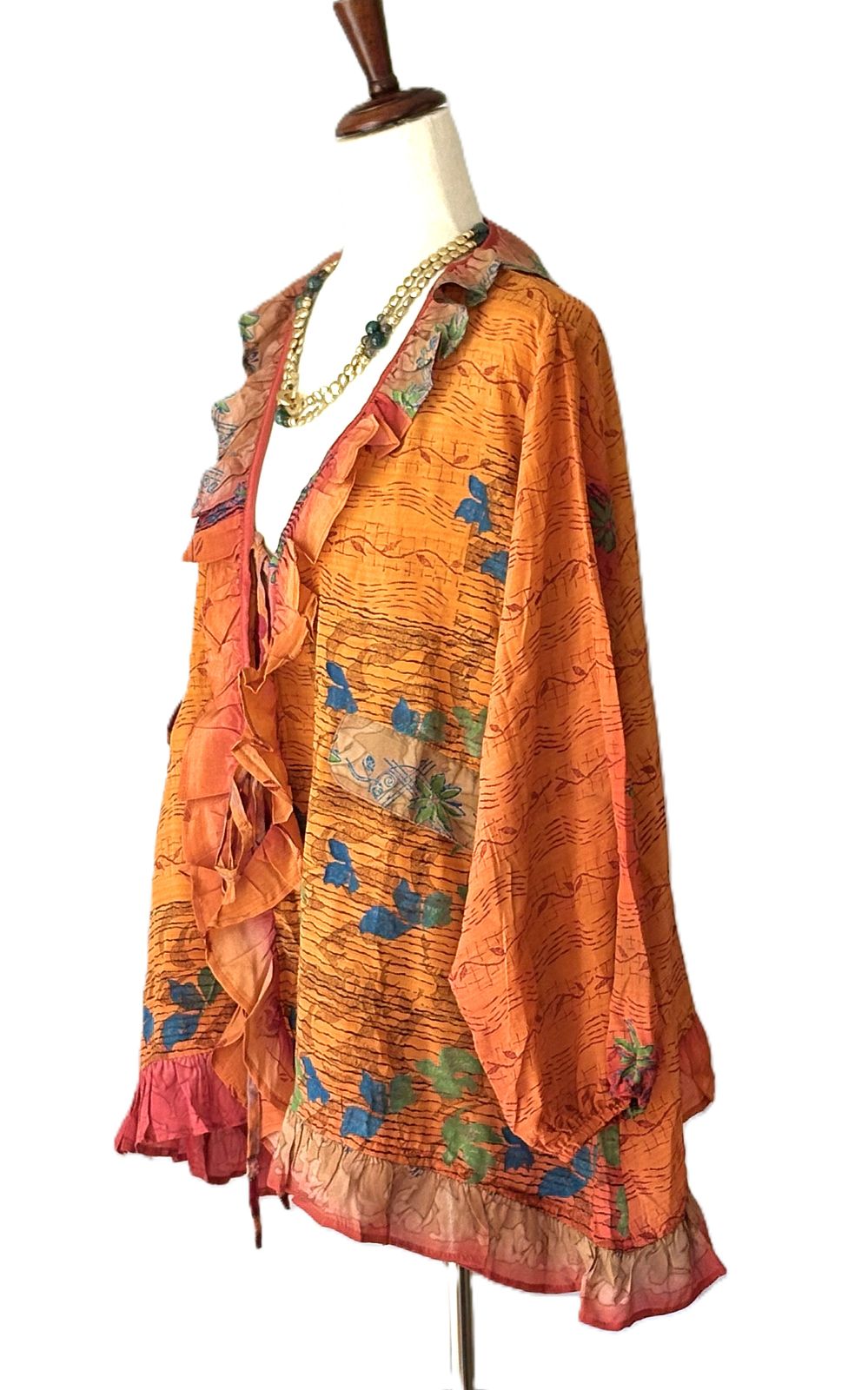 Kantha Bae Crepe Sari Ruffle Daisy Blouse (Tangerine)