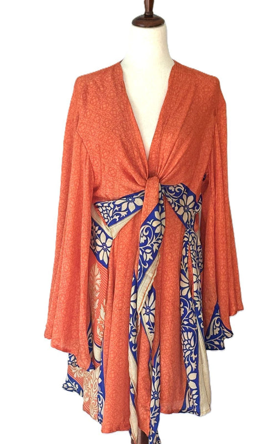 Kantha Bae Shortie Spellbound Kimono In Bold Crepe Sari Print. (Orange Navy)