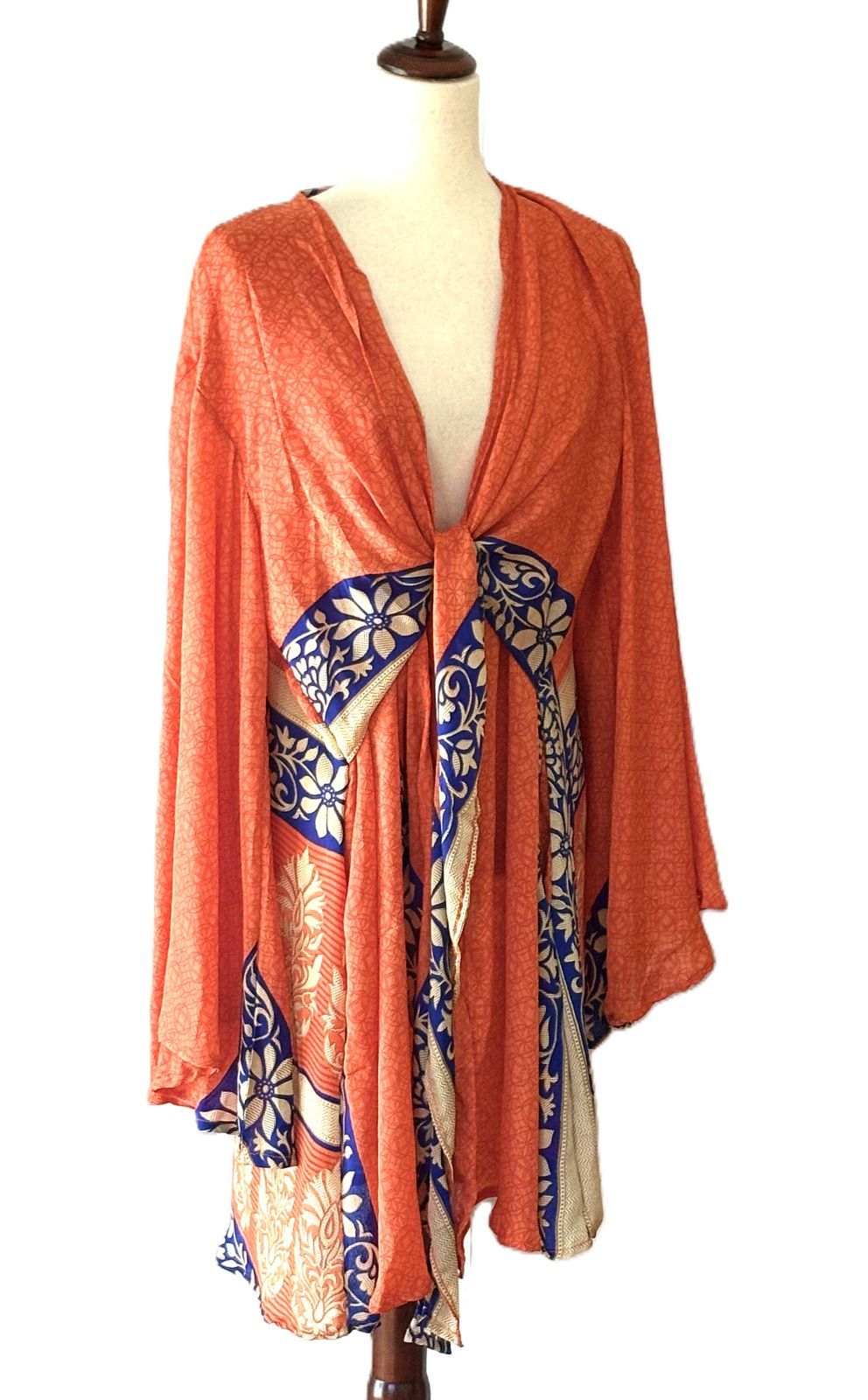 Kantha Bae Shortie Spellbound Kimono In Bold Crepe Sari Print. (Orange Navy)