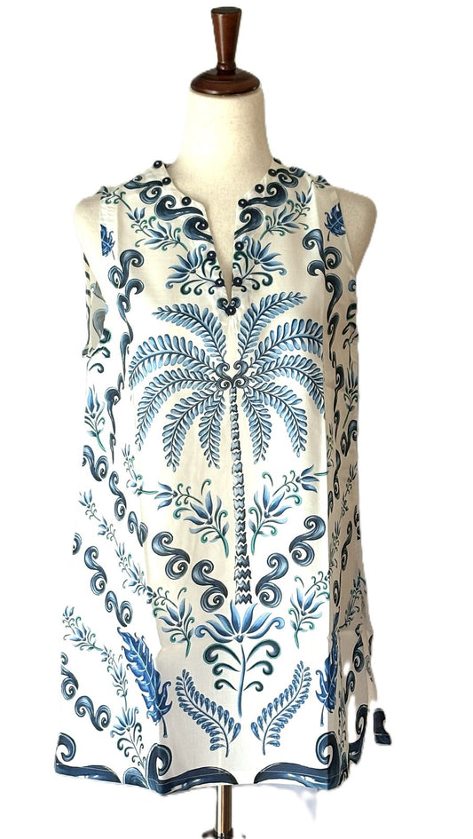 Handmade Cotton Kurta Tunic: Blue Engineered Palm Tree Block Print