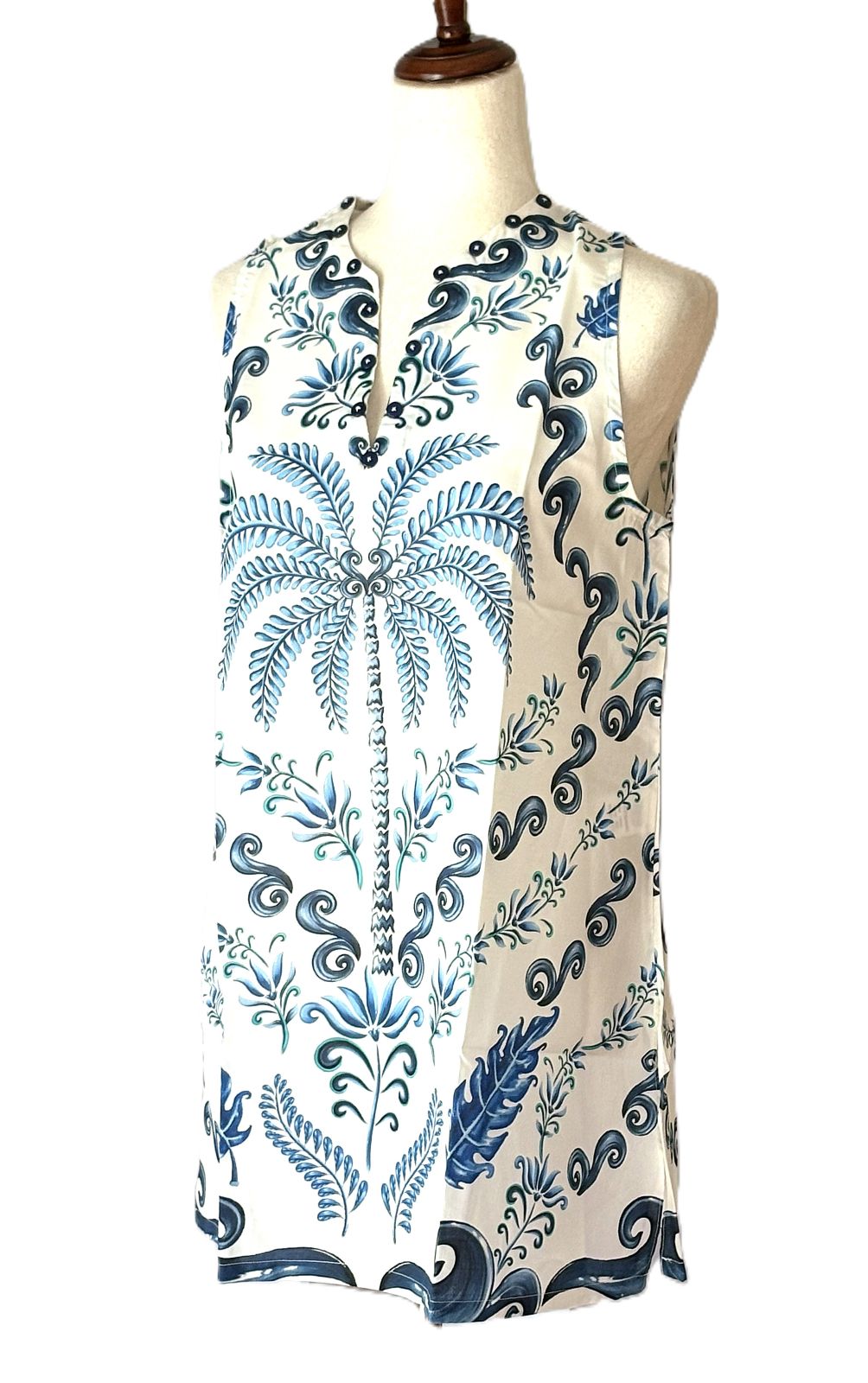 Handmade Cotton Kurta Tunic: Blue Engineered Palm Tree Block Print