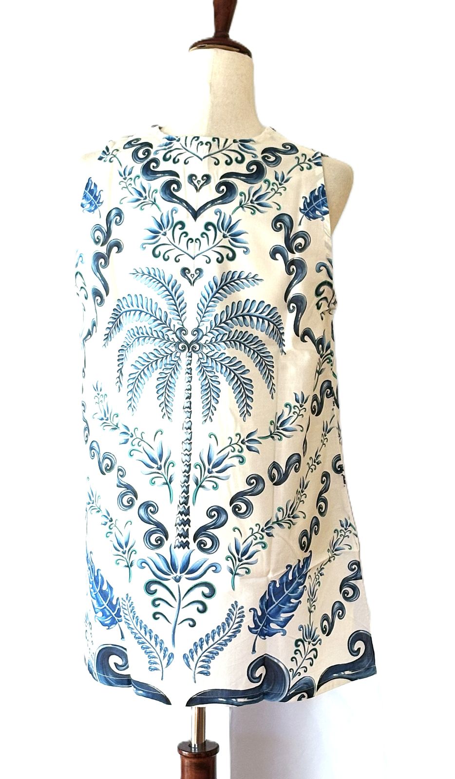 Handmade Cotton Kurta Tunic: Blue Engineered Palm Tree Block Print
