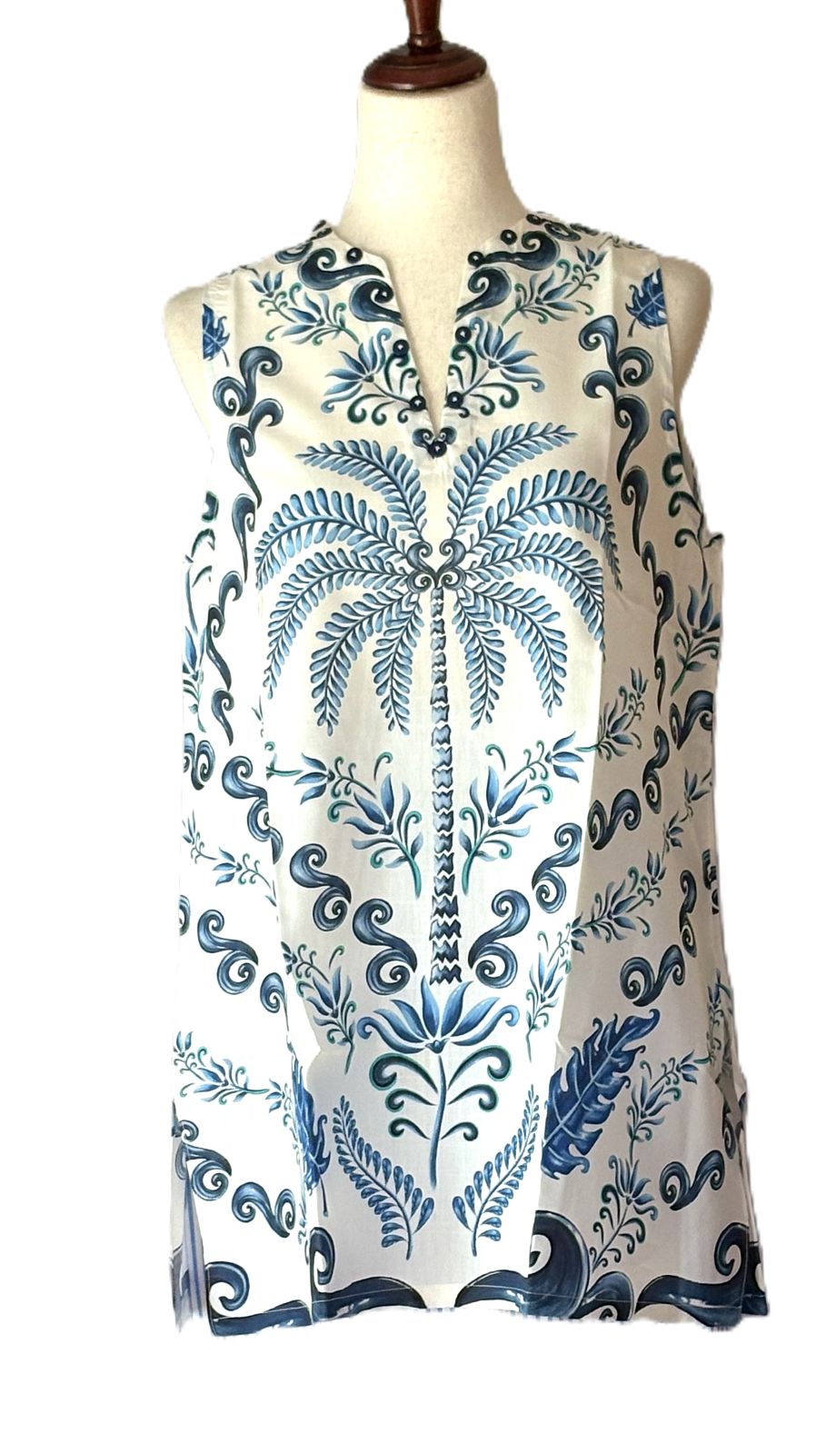Handmade Cotton Kurta Tunic: Blue Engineered Palm Tree Block Print