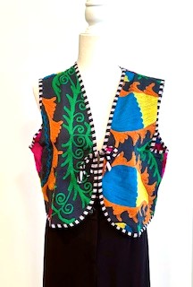 New Kantha Vests With Striped Piping and Ties (Black Striped)