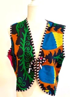 New Kantha Vests With Striped Piping and Ties (Black Striped)