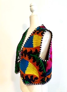 New Kantha Vests With Striped Piping and Ties (Black Striped)