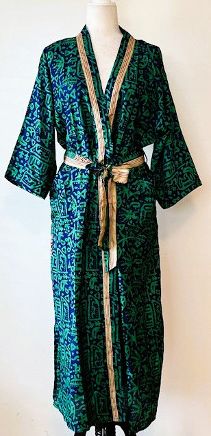 Luxurious Rich Silk Long Kimono Duster. Glamorous (Emerald)