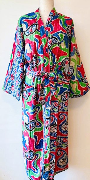 Bright Garden Block Print Cotton Kimono Robe Is Fresh and Colorful.